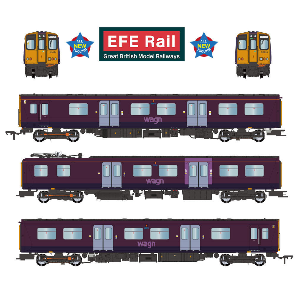 PRE-ORDER: EFE Rail Class 313 3-Car EMU 313024 West Anglia Great Northern (WAGN) Purple - OO Gauge