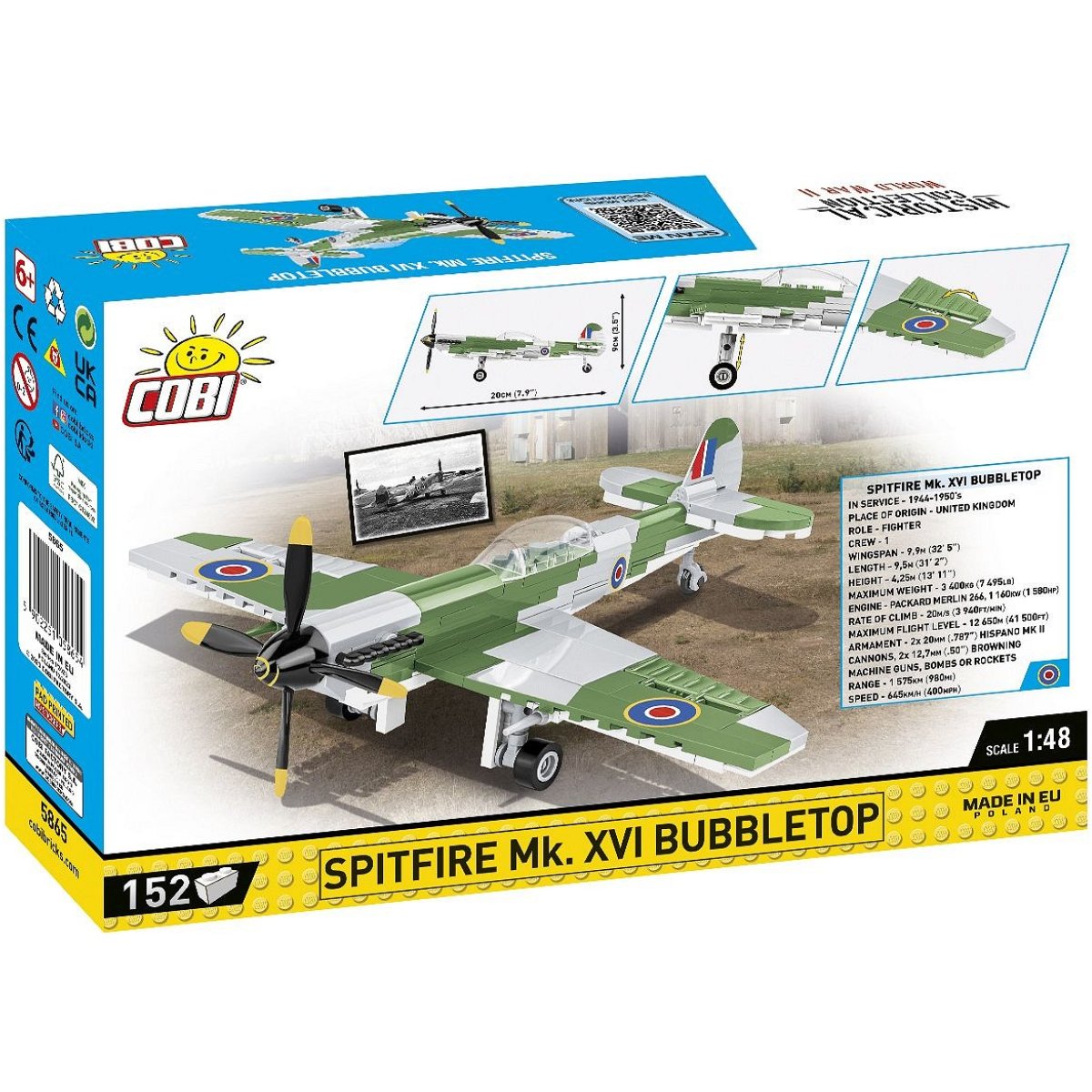 COBI 5865 Spitfire Mk. XVI Bubbletop 1:48 Scale Brick Model Plane 152pcs - Phillips Hobbies