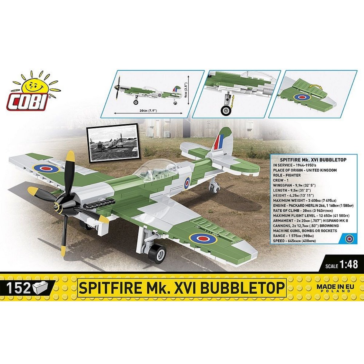 COBI 5865 Spitfire Mk. XVI Bubbletop 1:48 Scale Brick Model Plane 152pcs - Phillips Hobbies
