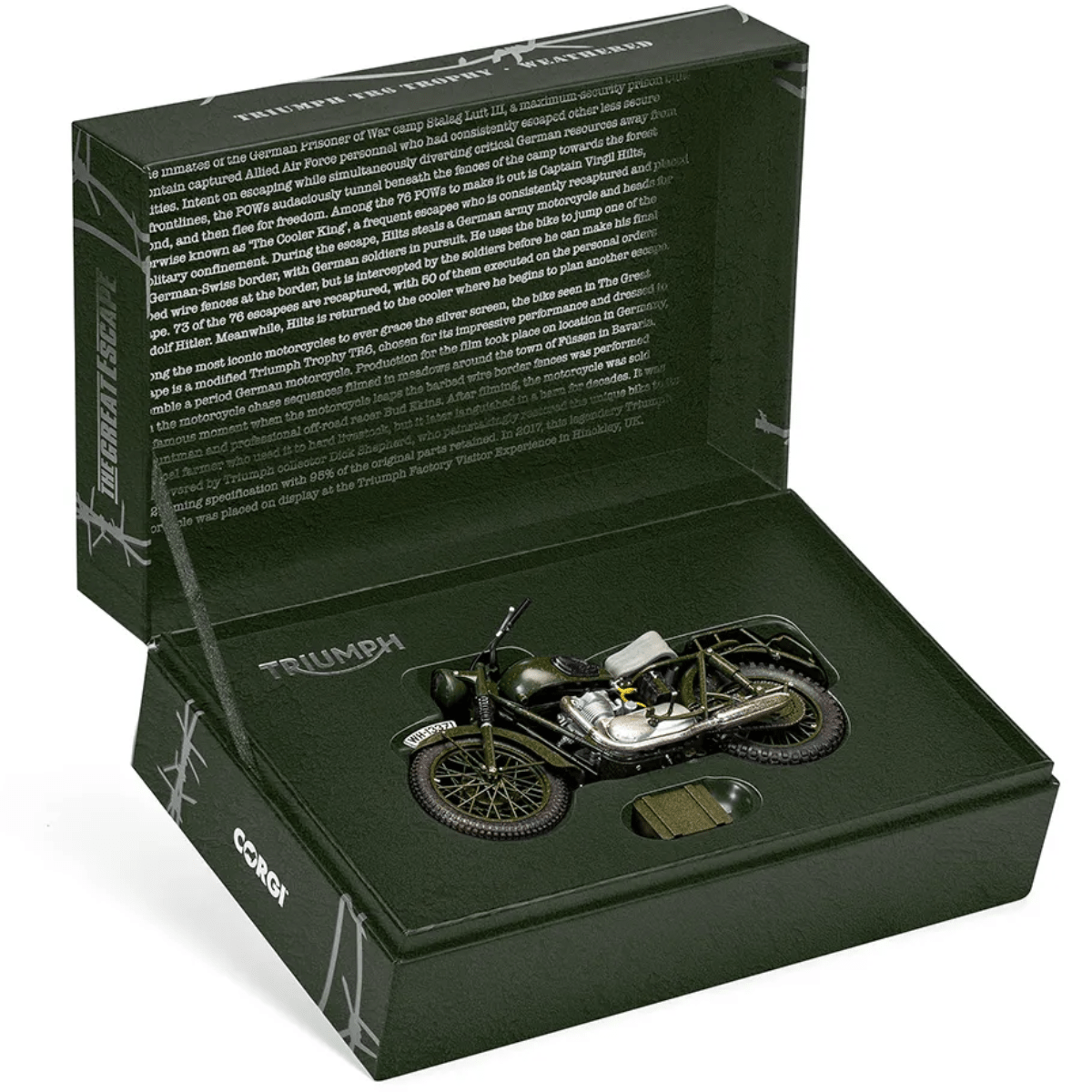 Corgi CC08501 Triumph TR6 Trophy Motorcycle (Weathered) The Great Escape - 1:12 Scale - Phillips Hobbies