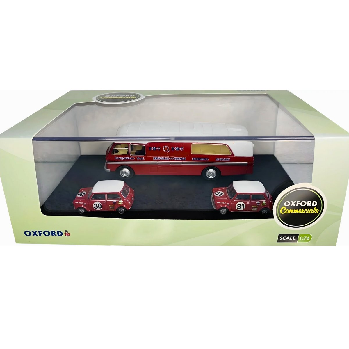 Oxford Diecast 76BMC003 BMC Car Transporter & Two Minis BMC Competitions Dept - Phillips Hobbies