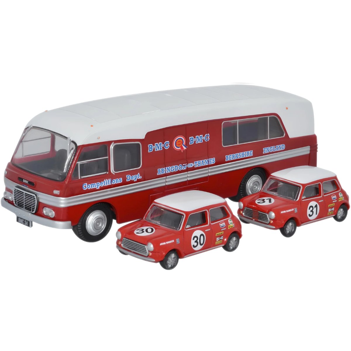 Oxford Diecast 76BMC003 BMC Car Transporter & Two Minis BMC Competitions Dept - Phillips Hobbies