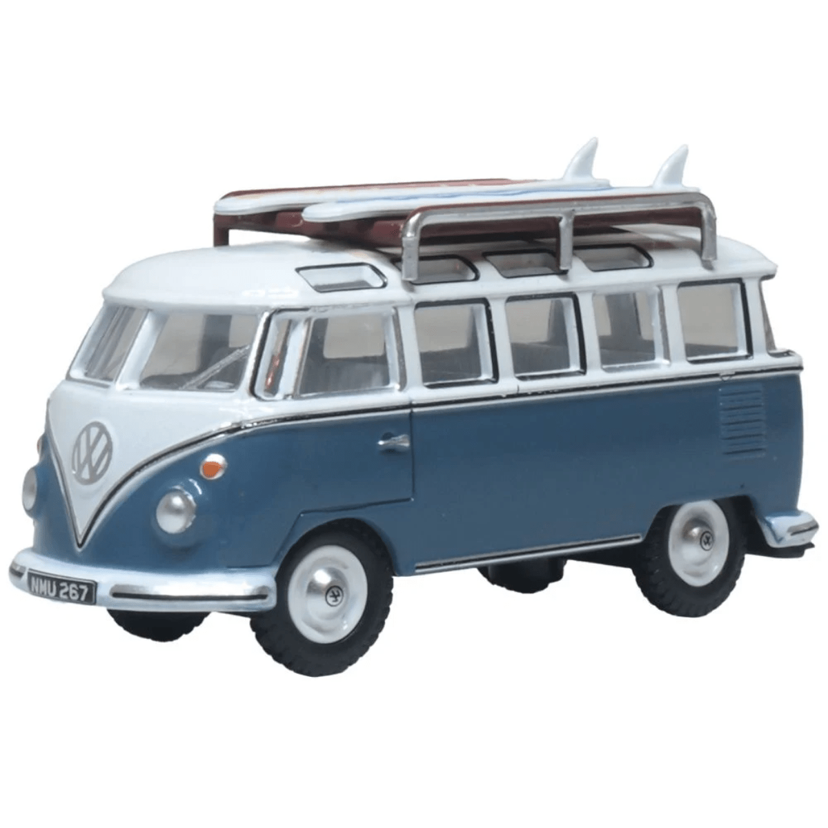 Oxford Diecast 76VWS016 VW T1 Samba Bus/surfboards Gulf Blue/White - 1:76 Scale - Phillips Hobbies