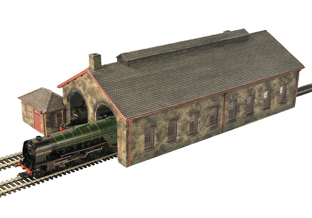 PRE - ORDER: Scenecraft Two Road Stone Engine Shed - Red - 1:76 Gauge - Phillips Hobbies
