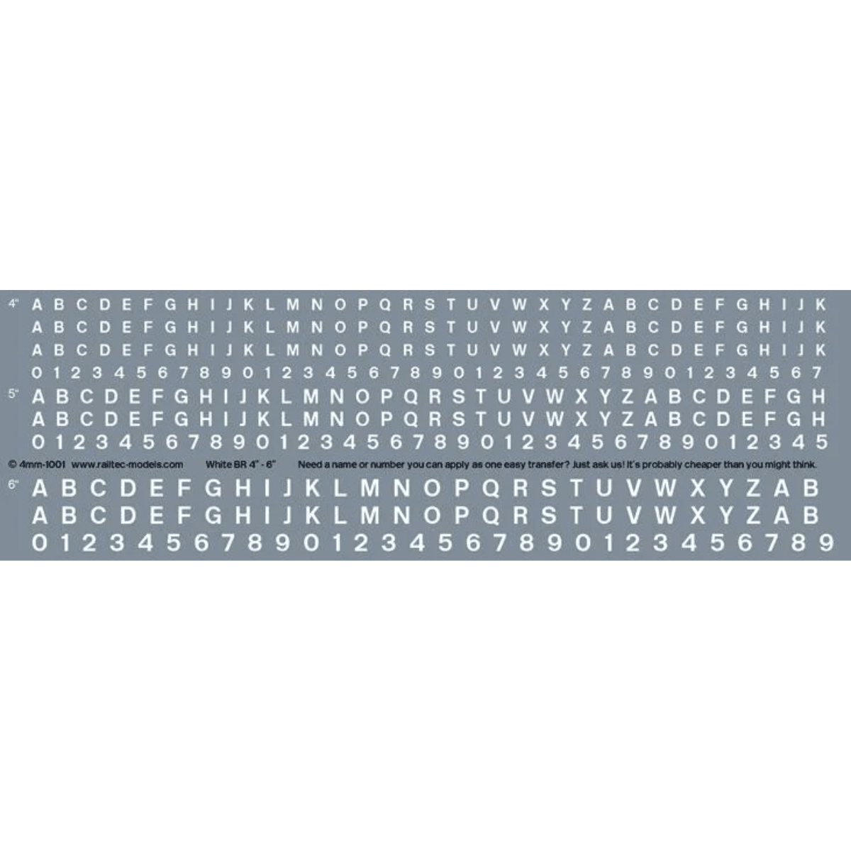 Railtec 4 - 1001 Numeric / Alphabet Waterslide Transfer Sheet: White BR Font (1.3mm, 1.6mm, 2 tall) - Phillips Hobbies