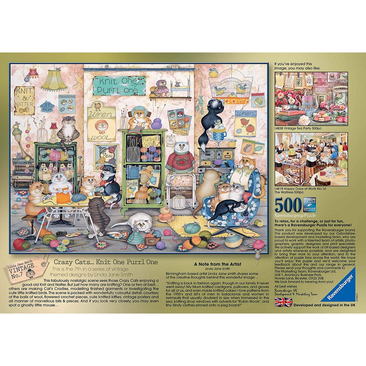Ravensburger Crazy Cats Vintage, Knit One Purrl One 500 Piece Jigsaw Puzzle - Phillips Hobbies