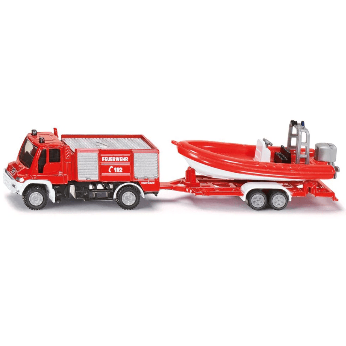 Siku Unimog Fire Engine with Boat - 1:87 Scale Toy Model - Phillips Hobbies