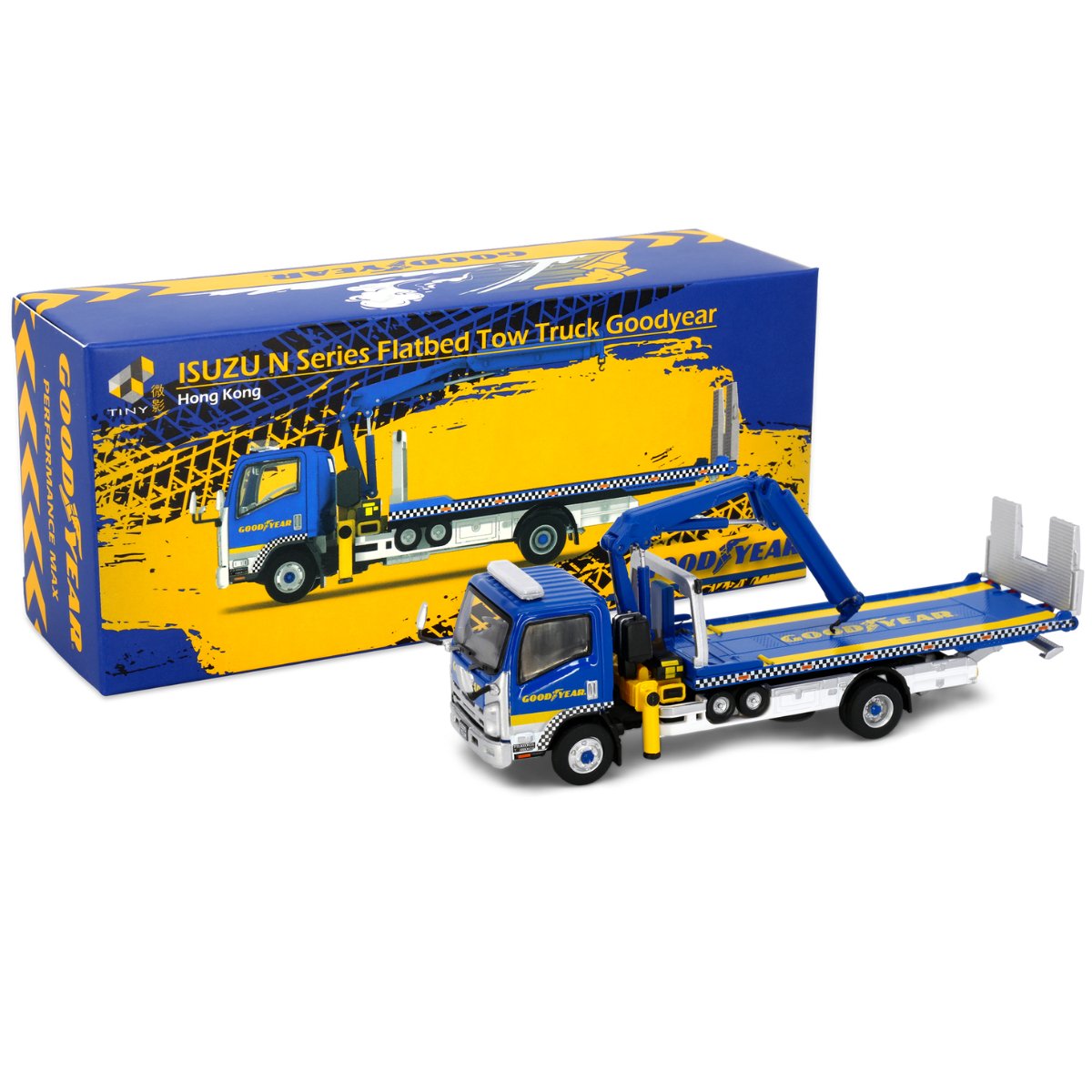 Tiny Models Isuzu N Series Flatbed Tow Truck With Crane - Goodyear (1:76 Scale) - Phillips Hobbies