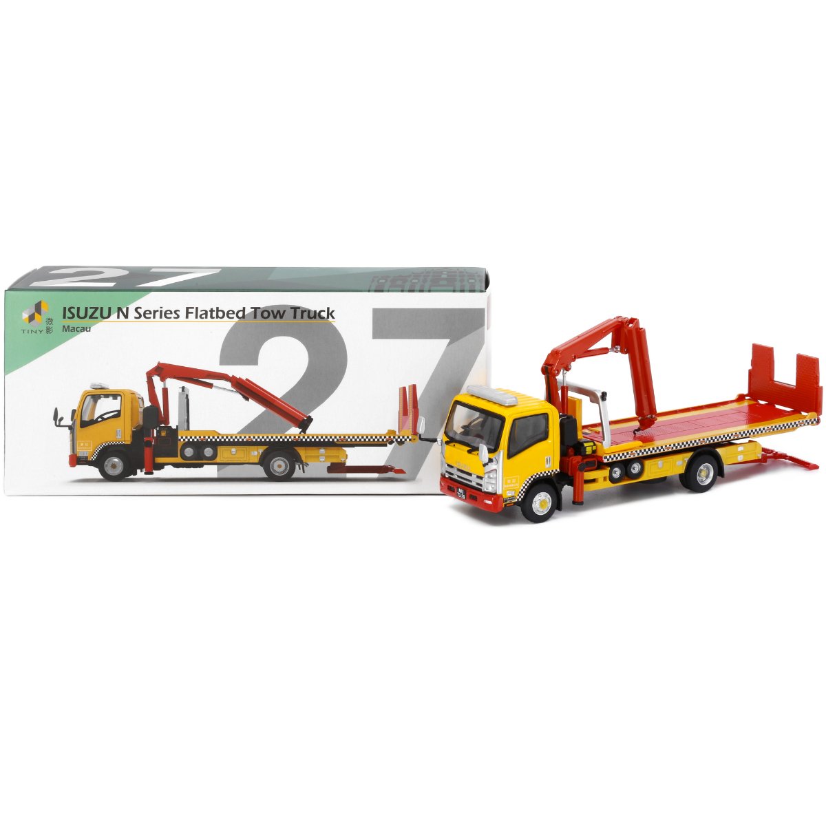 Tiny Models Isuzu N Series Macau Flatbed Tow Truck Yellow (1:64 Scale) - Phillips Hobbies