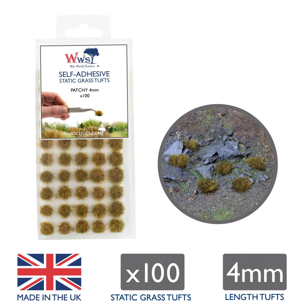 WWScenics Patchy Self - Adhesive Static Grass Tufts x100 - Phillips Hobbies