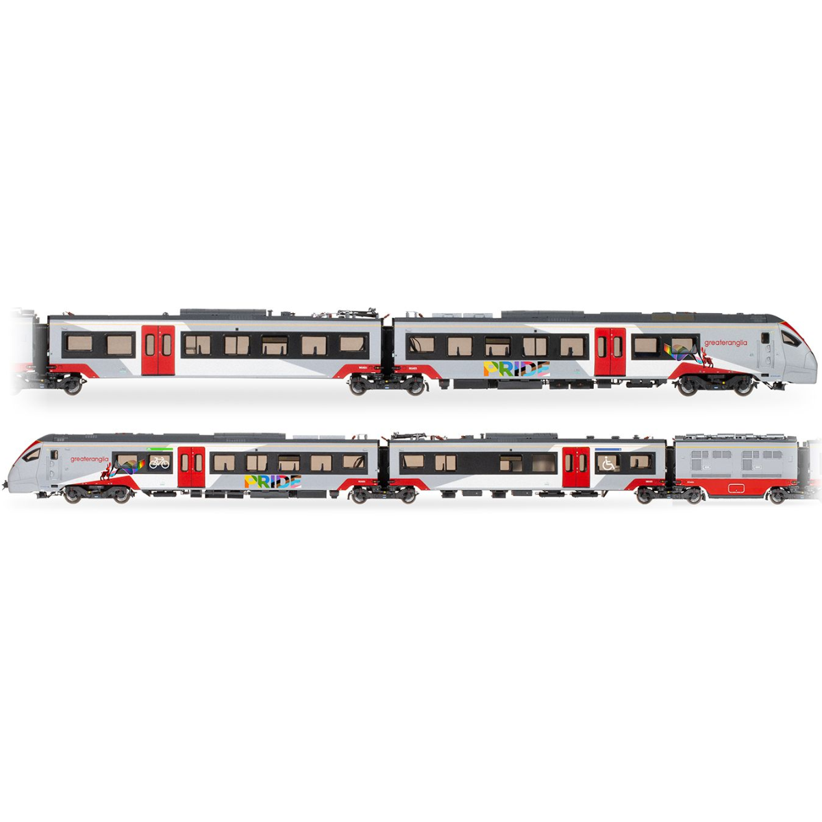 Hornby R30446 Greater Anglia Class 755/4 'FLIRT' - 4 Car Train Pack (Pride Livery) - OO Gauge