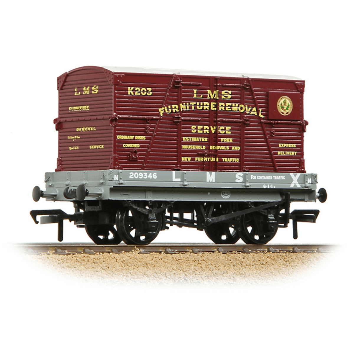 Bachmann 1 Plank Wagon LMS Grey 'Furniture Removal Service' Crimson Cont - OO Gauge - Phillips Hobbies