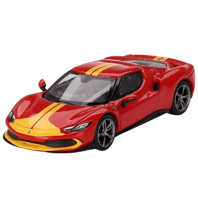 BBR Models Ferrari 296 GTB Assetto Fiorano Rosso Corsa Red with Yellow Stripes - 1:64 Scale - Phillips Hobbies
