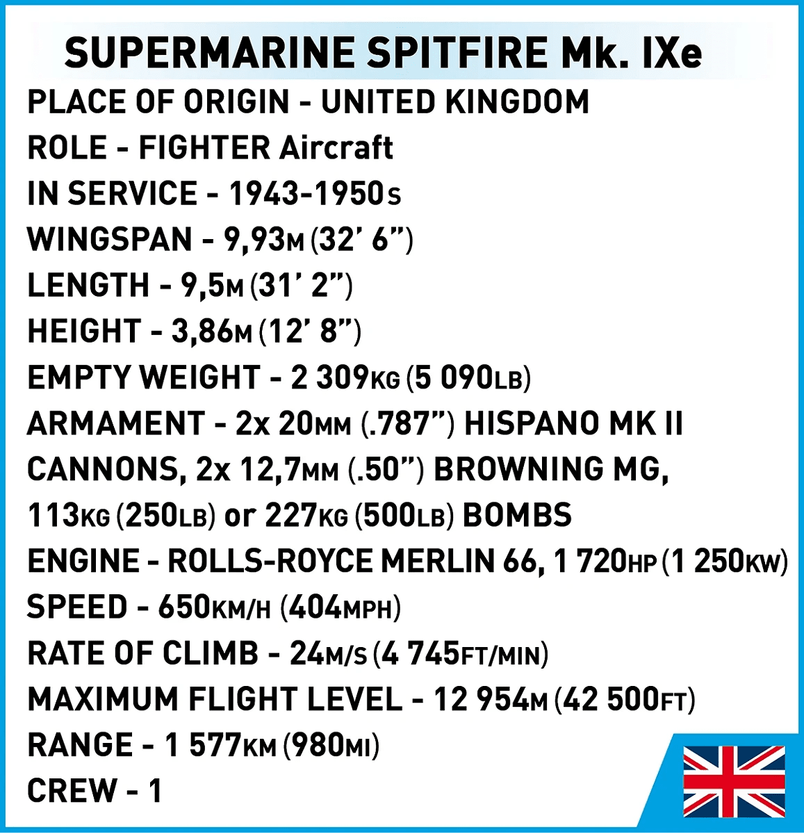Cobi Bricks Supermarine Spitfire Mk.IXe Construction Toy Set - Phillips Hobbies