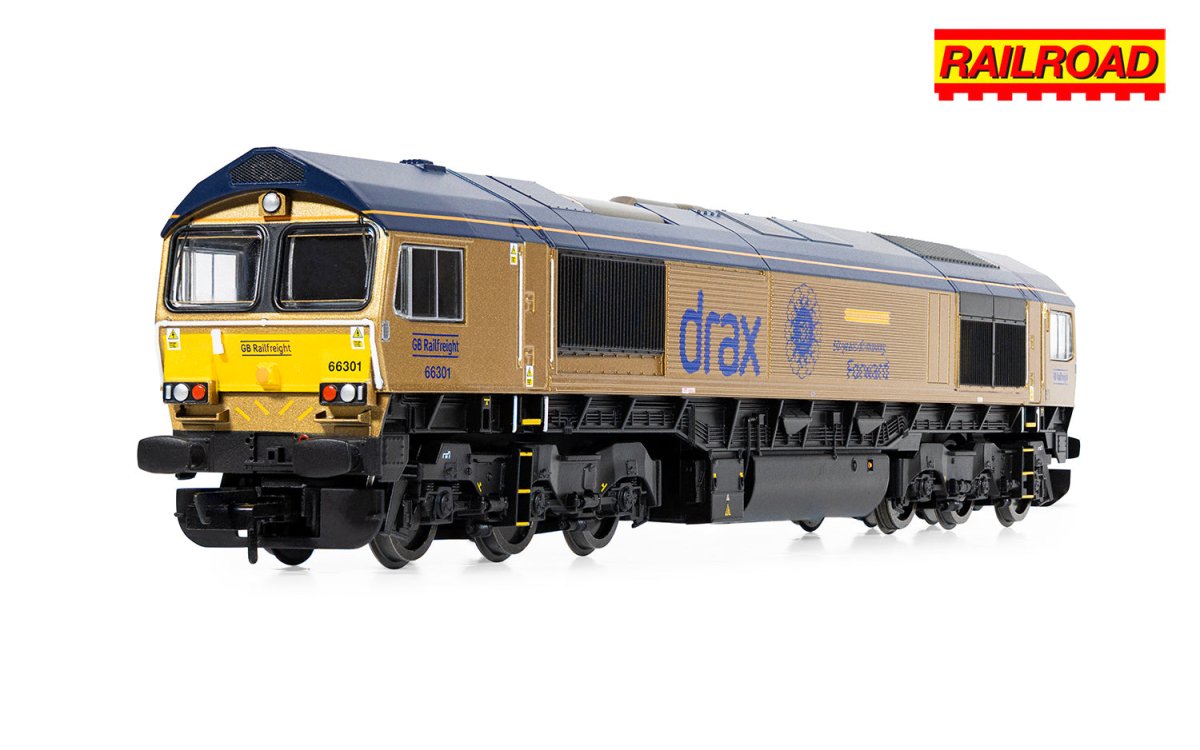 Hornby R30461 RailRoad GB Railfreight Class 66 66301 ‘Drax Power Station 50’ Gold Livery (Drax 50th Anniversary) - OO Gauge - Phillips Hobbies