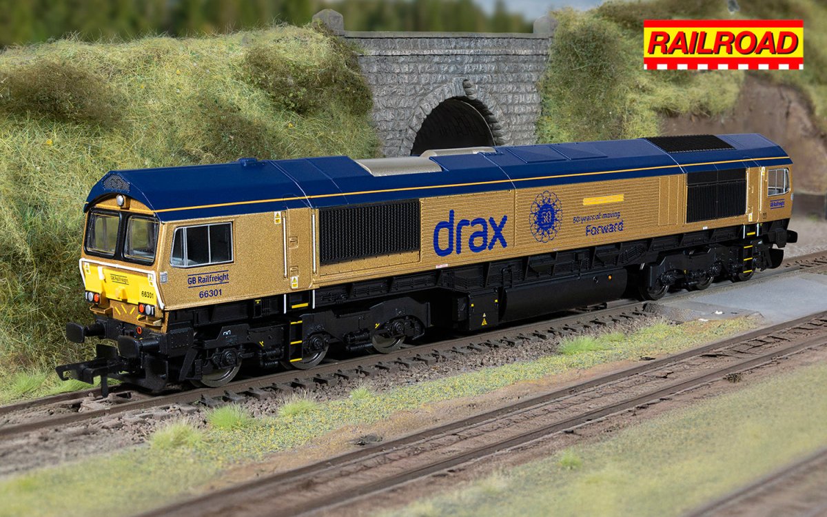 Hornby R30461 RailRoad GB Railfreight Class 66 66301 ‘Drax Power Station 50’ Gold Livery (Drax 50th Anniversary) - OO Gauge - Phillips Hobbies