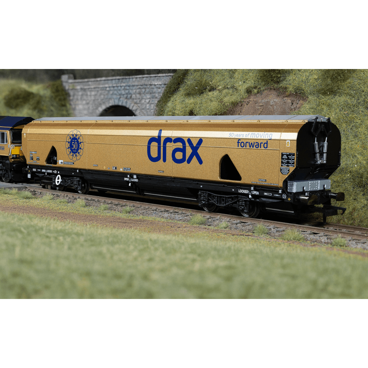 Hornby R60322 Drax Biomass Wagon Gold Livery (Drax 50th Anniversary) - OO Gauge LIMITED STOCK - Phillips Hobbies