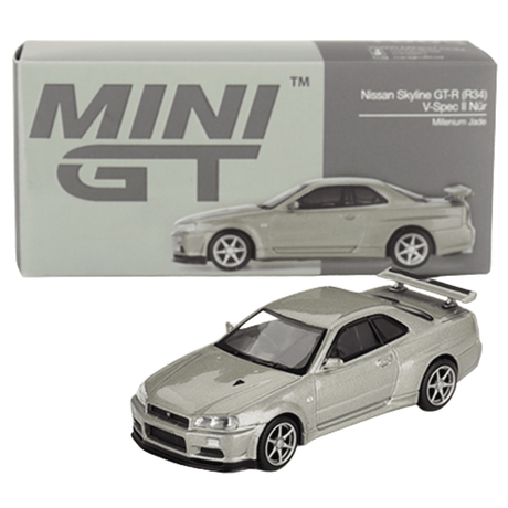 Mini GT Nissan Skyline GT - R (R34) V - Spec II Nür Millenium Jade (RHD) - 1:64 Scale - Phillips Hobbies