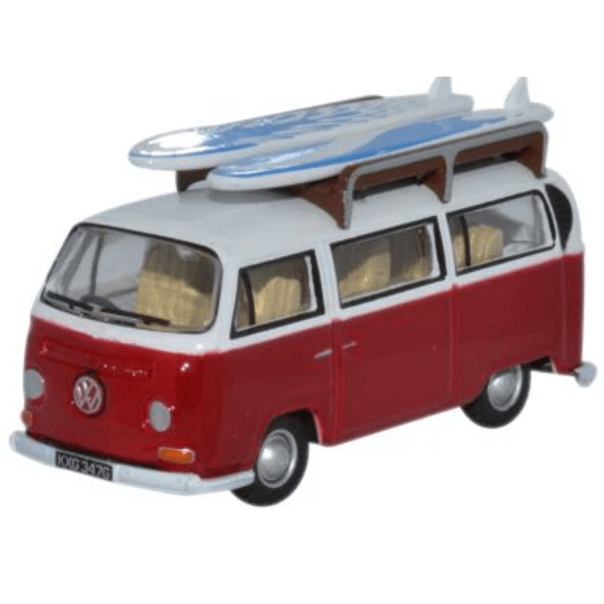 Oxford Diecast 76VW024 VW Bay Window Bus/Surfboards Montana Red/White - 1:76 Scale - Phillips Hobbies