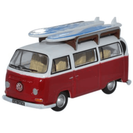 Oxford Diecast 76VW024 VW Bay Window Bus/Surfboards Montana Red/White - 1:76 Scale - Phillips Hobbies