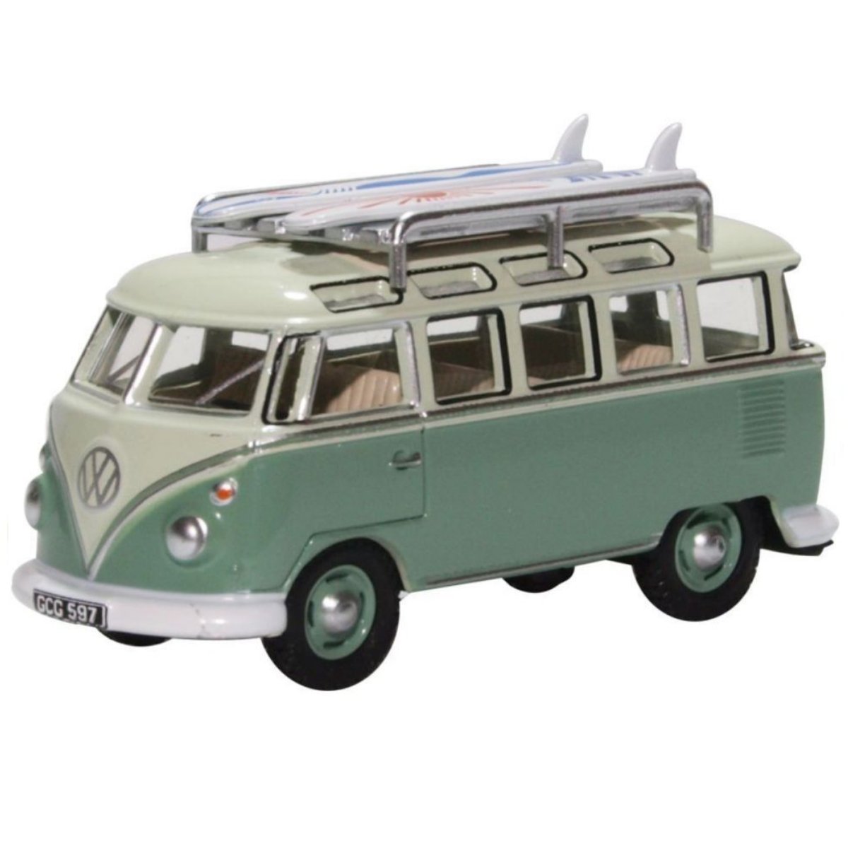 Oxford Diecast 76VWS005 VW T1 Samba Bus/Surfboards Turquoise/Blue White - Phillips Hobbies