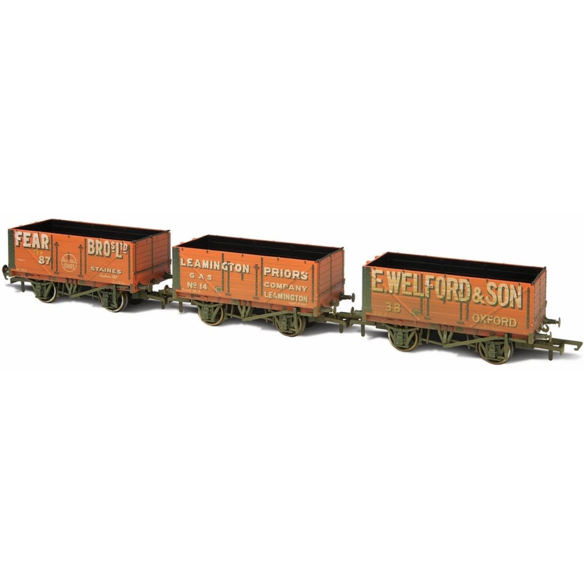 Oxford Rail Triple Pack of Weathered 7 Plank Wagons - Fear Bros, Leamington, Welford - Phillips Hobbies