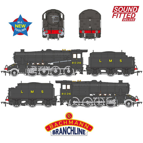 PRE - ORDER: Bachmann LMS 8F with Riveted Tender 8036 LMS Black SOUND FITTED DELUXE - OO Gauge - Phillips Hobbies