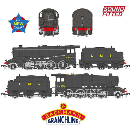PRE - ORDER: Bachmann LMS 8F with Riveted Tender 8036 LMS Black SOUND FITTED - OO Gauge - Phillips Hobbies