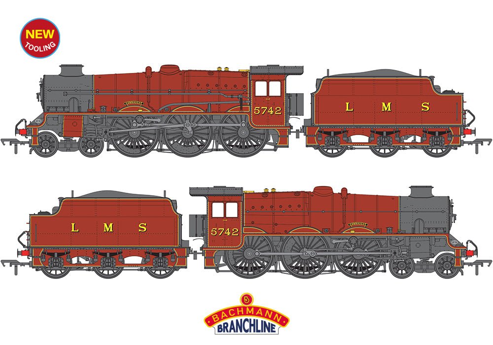 PRE - ORDER: Branchline LMS Jubliee with Double Chimney & Riveted Stanier Tender 5742 'Connaught' LMS Crimson Lake - OO Gauge - Phillips Hobbies