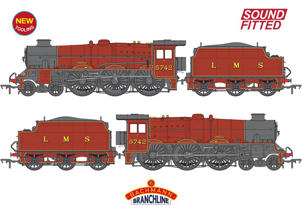 PRE - ORDER: Branchline LMS Jubliee with Double Chimney & Riveted Stanier Tender 5742 'Connaught' LMS Crimson Lake SOUND FITTED - OO Gauge - Phillips Hobbies