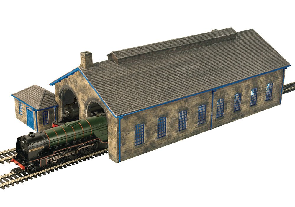 PRE - ORDER: Scenecraft Two Road Stone Engine Shed - Blue - 1:76 Gauge - Phillips Hobbies
