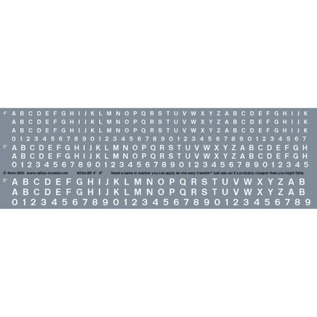 Railtec 4 - 1001 Numeric / Alphabet Waterslide Transfer Sheet: White BR Font (1.3mm, 1.6mm, 2 tall) - Phillips Hobbies