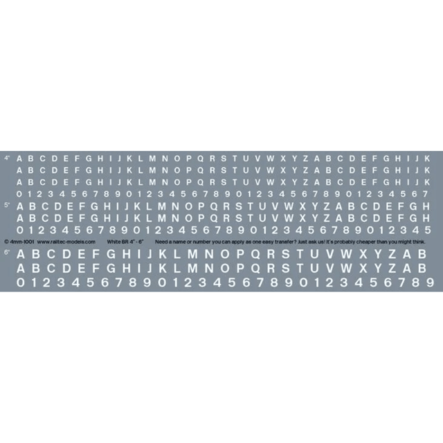 Railtec 4 - 1001 Numeric / Alphabet Waterslide Transfer Sheet: White BR Font (1.3mm, 1.6mm, 2 tall) - Phillips Hobbies
