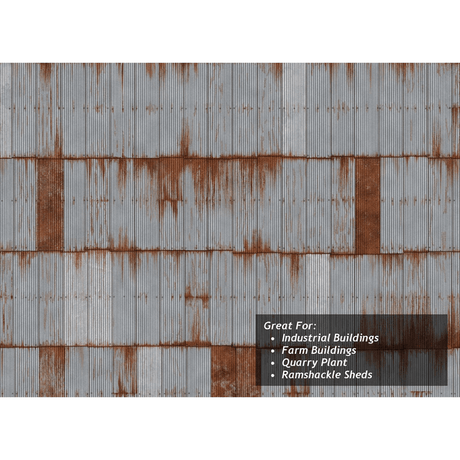 Scale Model Scenery Rusty & Weathered Corrugated Iron Texture Paper x5 - OO/HO Gauge - Phillips Hobbies